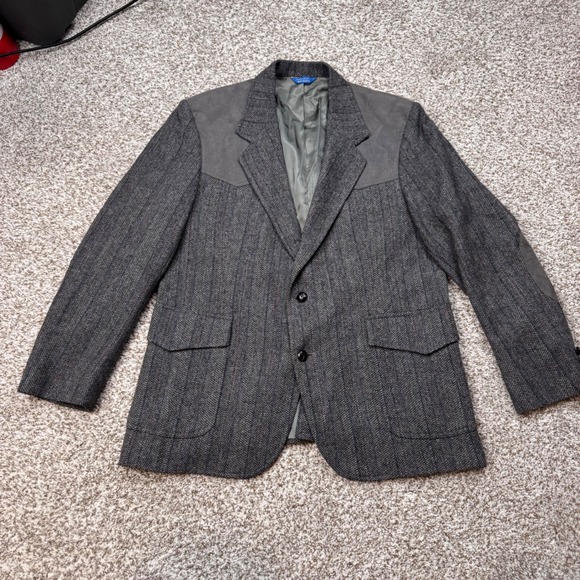 Pendleton Mens 44 Wool Herringbone Western Blazer Elbow Patches Grey Made in USA